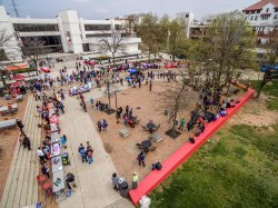 Aerial of the Quad with lots of people there