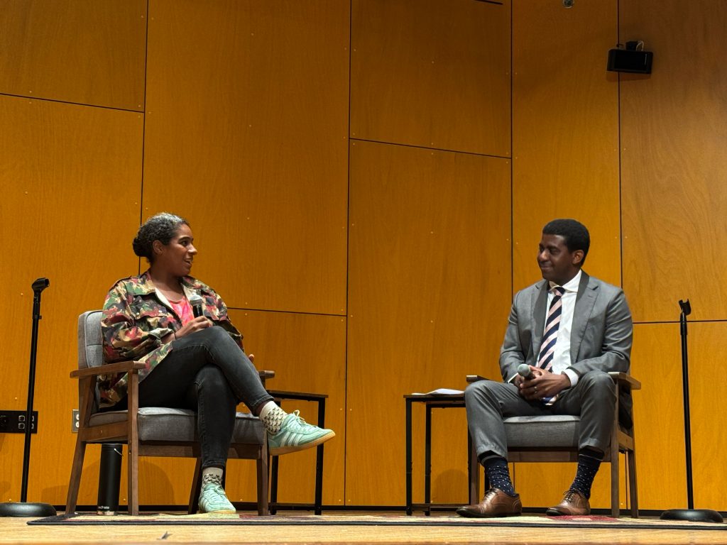 eyla McCalla, 2025–2026 Artist-in-Residence at the Cali School of Music, with Shea Scruggs, Director of the Cali School of Music, during their on-stage conversation in Leshowitz Recital Hall.