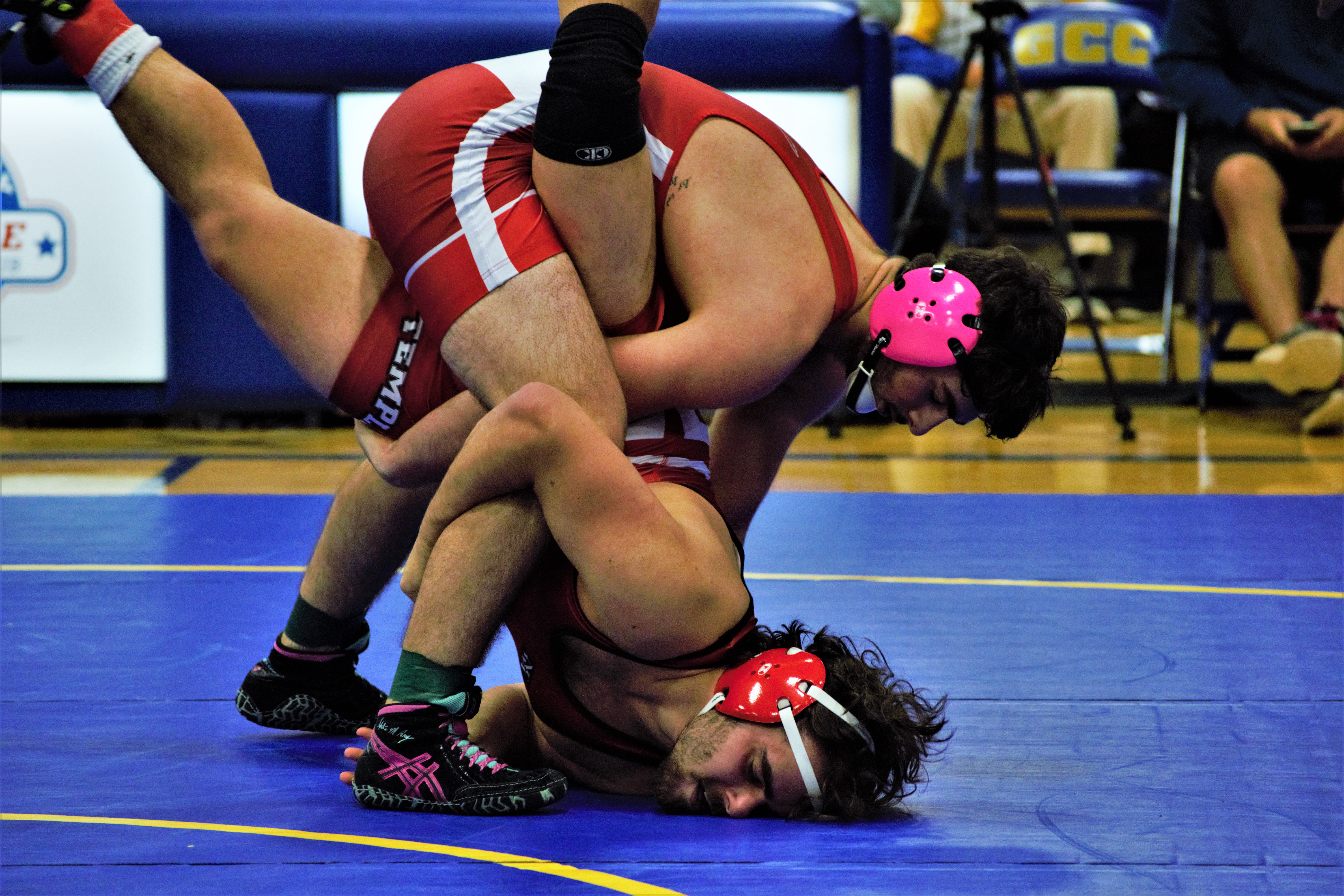 Montclair state club wrestler in a competitive match going for a pin