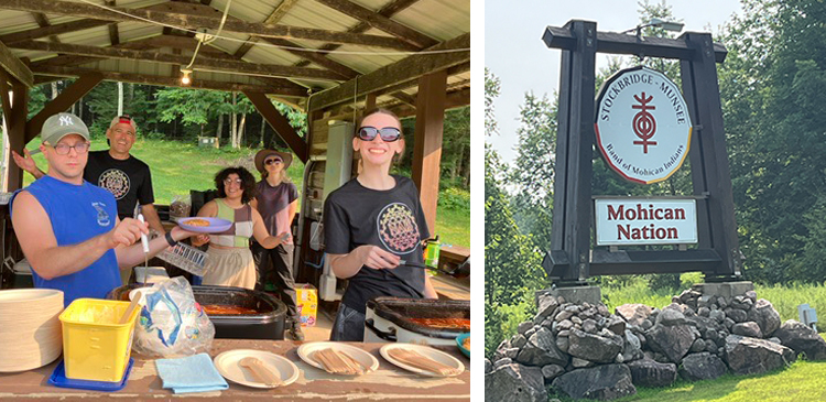 two images: on left, students helping to serve lunch at a summer camp. on right, the entrance sign for Stockbridge-Munsee Band of Mohican Indians Reservation