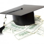 Photo of stock image grad cap and money.