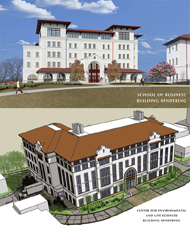 Photo of CELS and SBUS building renderings.