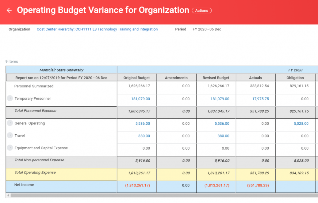 operating budget variance for organization summary