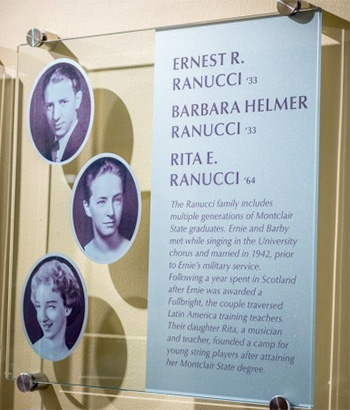 Glass plaque with the names and old photos of Ernest R. Ranucci '33, Barbara Helmer Ranucci ' 33, Rita E, Ranucci '64