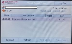 Print release device displays a list of print jobs