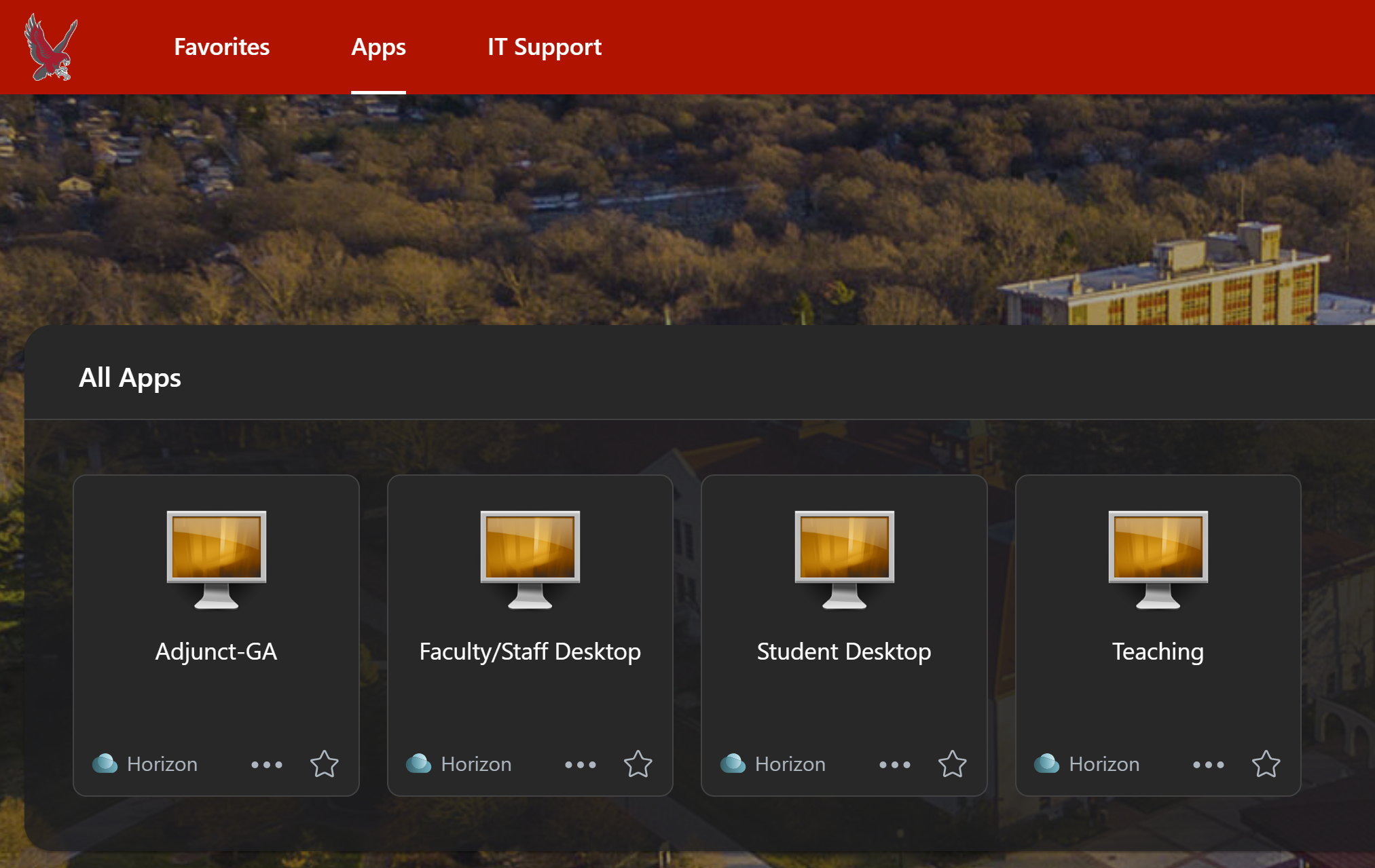 The image shows a digital interface with options for accessing different desktop applications under "All Apps," including "Adjunct-GA," "Faculty/Staff Desktop," "Student Desktop," and "Teaching," with a red banner featuring navigation options.