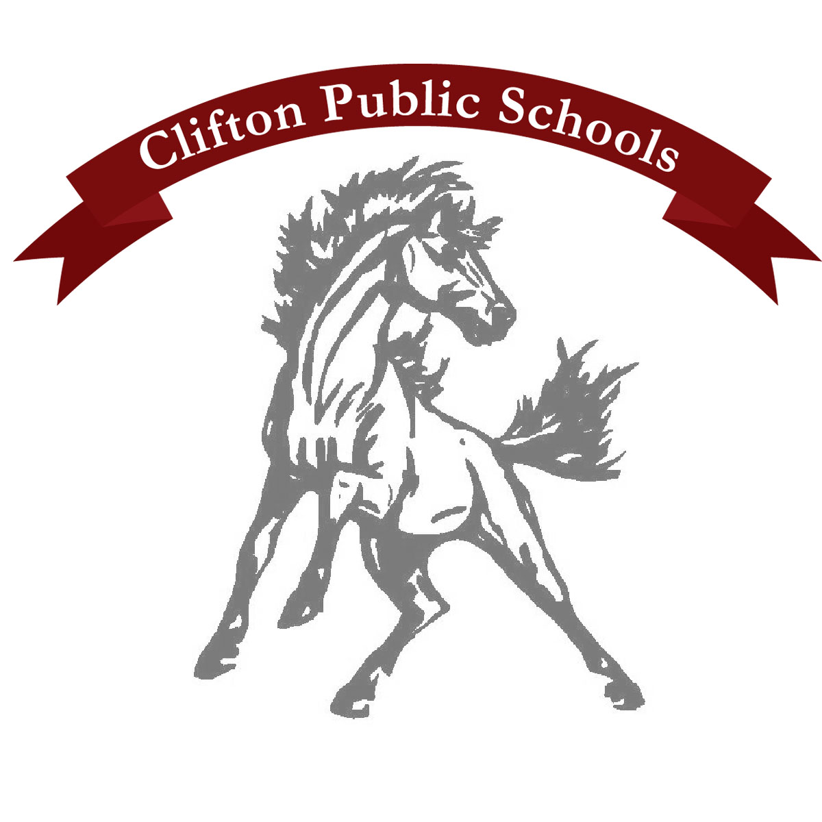 Clifton Public Schools Logo maroon banner gray mustang