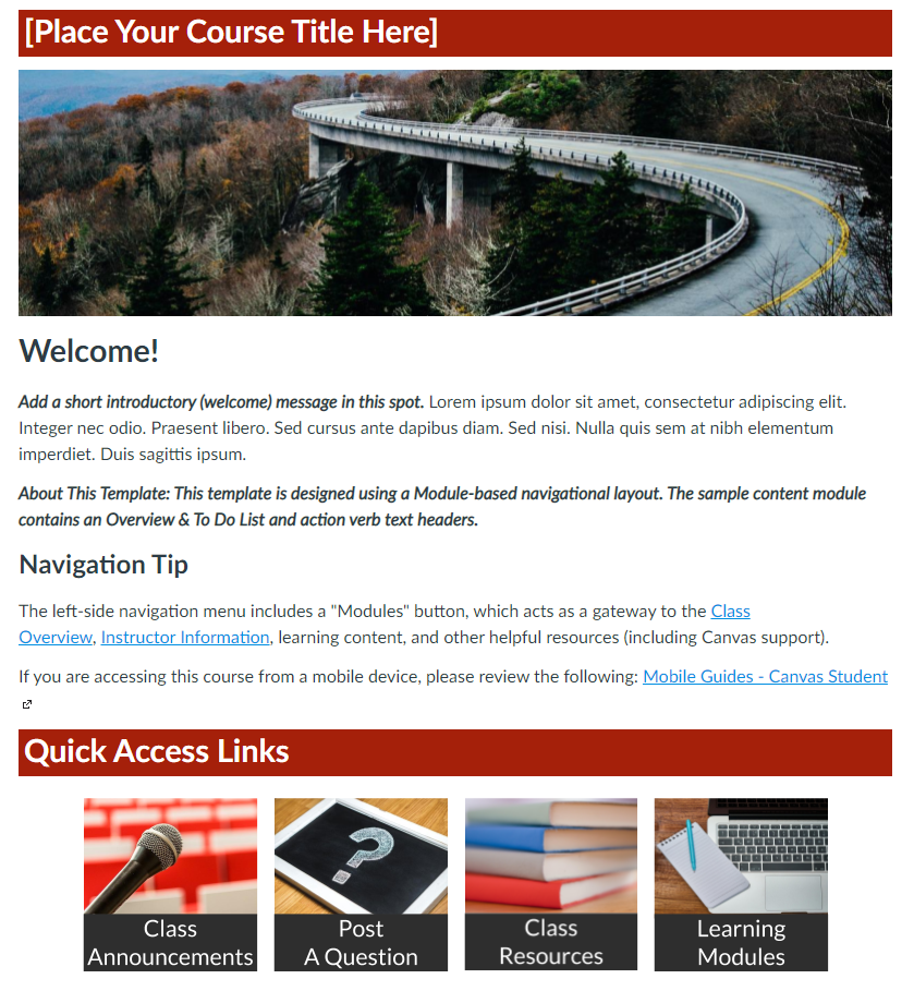 Screenshot depicting an example homepage for a Canvas Course
