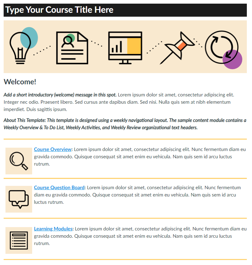 Screenshot depicting an example homepage for a Canvas Course