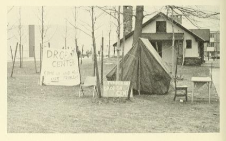 tent set up in front of the drop-in center in 1972