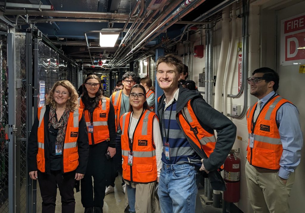 Visiting the Princeton Plasma Physics Lab with CSAM Dean Lora Billings (left) and physics majors Ava Mclaren, Renzo Herrera, Sarah Estupinan Jimenez, RJ Chandler, and Michael Camilo.