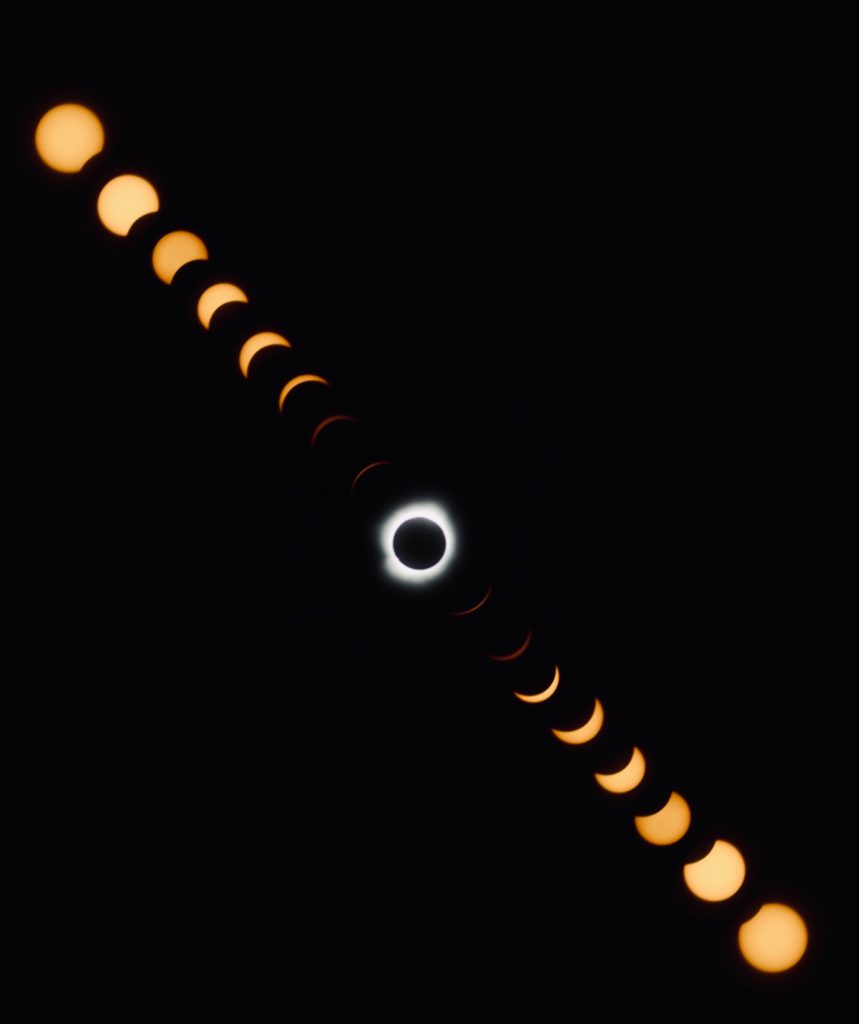 Photo montage of the April 2024 solar eclipse, taken by physics major Renzo Herrera.