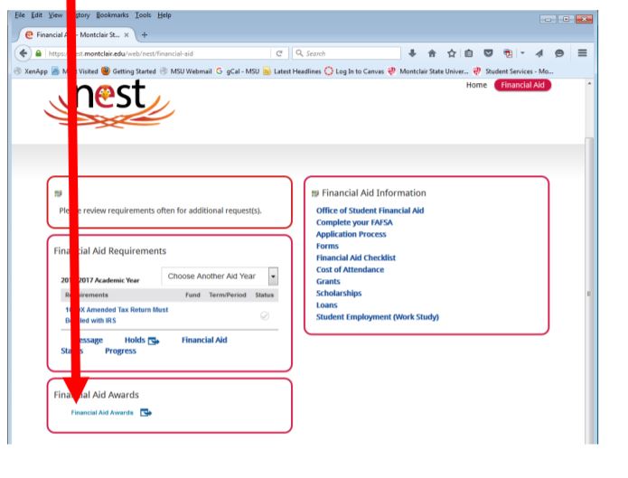 Screenshot of the NEST Financial Aid Award process.