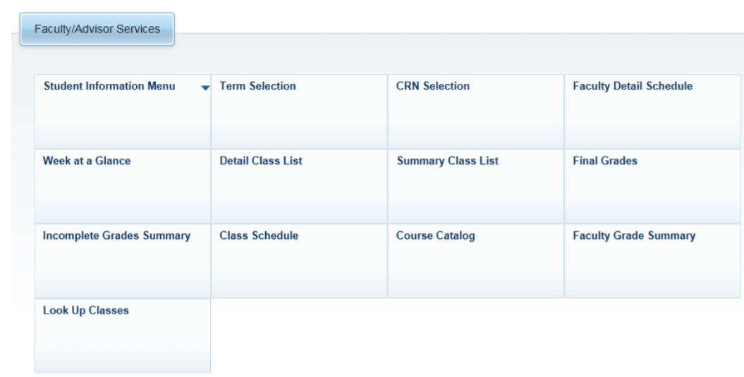 Screenshot of the Faculty/Advisor Services menu in SSB.