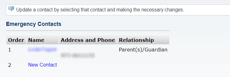 Screenshot of the NEST page listing your Emergency Contacts.