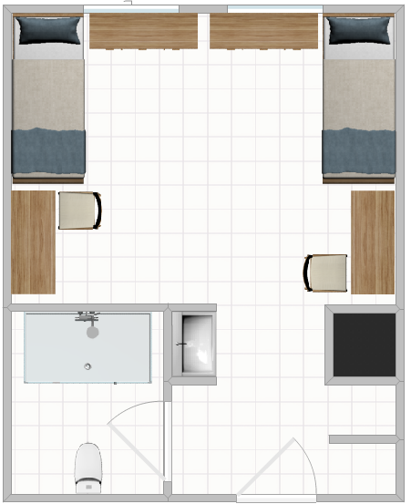 A Double Room Layout in the Heights featuring two beds and a bathroom.