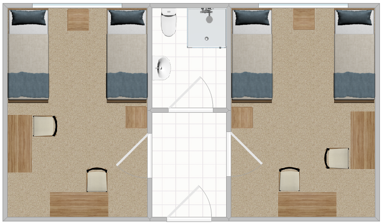 The layout of two double rooms in Russ Hall featuring a shared bathroom in between.