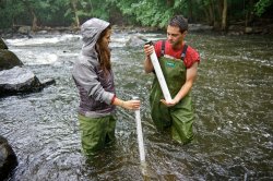 Photo of taking samples of sediment from the river bed.