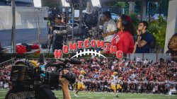 A photo of a team in a broadcast booth using various forms of production equipment. Below is a photo of a person holding a TV camera shooting footage of a football game.