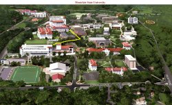 Montclair State University Campus Map highlighting the route from the Red Hawk Deck to University Hall and the Conference Center.