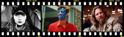 Collage film strip-style image including video stills from the films: Pierrot le Fou, Pandora's Box, and The Big Lebowski.