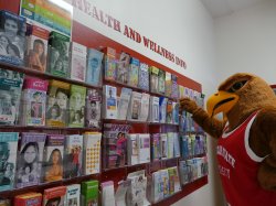 Rocky looking at a wall of health and wellness brochures
