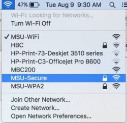 Screenshoot of available networkd with MSU-Secure highlighted