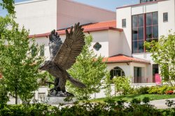 Photo of the red hawk statue with Kasser Theater in the background.