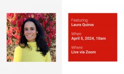 On the left, a portrait of Laura Quiros. On the right, a list of event details that can be located on this page.
