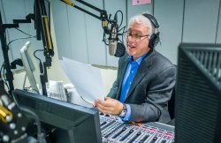David Brancaccio, host of "Marketplace Morning Report" in the School of Communication and Media broadcast studios.