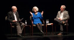 The “Guantanamo Diary: A Reading and Conversation” panel, from left, moderator Leonard Lopate, attorney Nancy Hollander and editor Larry Siems.