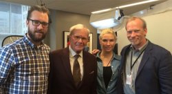 Steve McCarthy (far right) with NBC television journalist Tom Brokaw (center), who was interviewed for "Citizen Trump," and camera team Justin McCarthy (far left) and Alison McCarthy.  