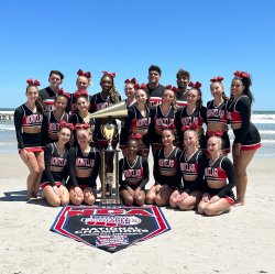 Montclair State University Cheer Team members celebrate in Daytona Beach, Florida.