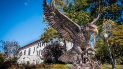 Hawk statue in front of College Hall