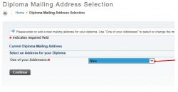 Screenshot of the Diploma Mailing Address selection page in Self-Service Banner.