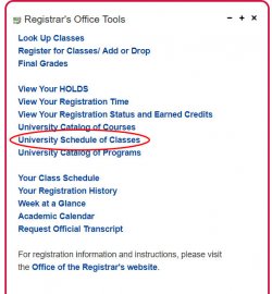 A screenshot of the NEST Registrar's Office Tools Portlet with the University Schedule of Classes circled in red.