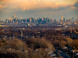 Dusky view of the Manhattan skyline as seen from the Montclair State campus.