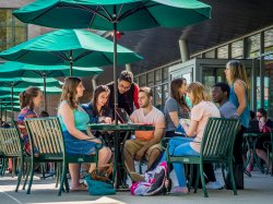 Image of a group of students socializing and sitting outside on campus at a cafe.