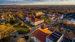 Aerial of campus with College Hall, Chapin and Russ.