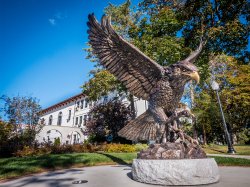 Front photograph of the Hawk Statue outside of College Hall.