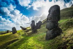Photo of the Moai statues at Rano Raraku, Easter Island in Chile.