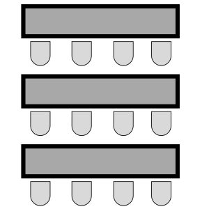 Classroom Style room setup example: Rows of tables with chairs at each table (similar to layout of University Hall first floor lecture halls)