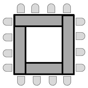 Conference Style Room setup example. Square of tables with chairs around the outside perimeter