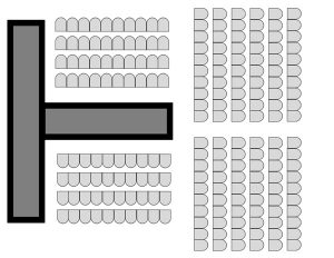 Fashion Show Style room setup: Theater style chairs with stage and runway