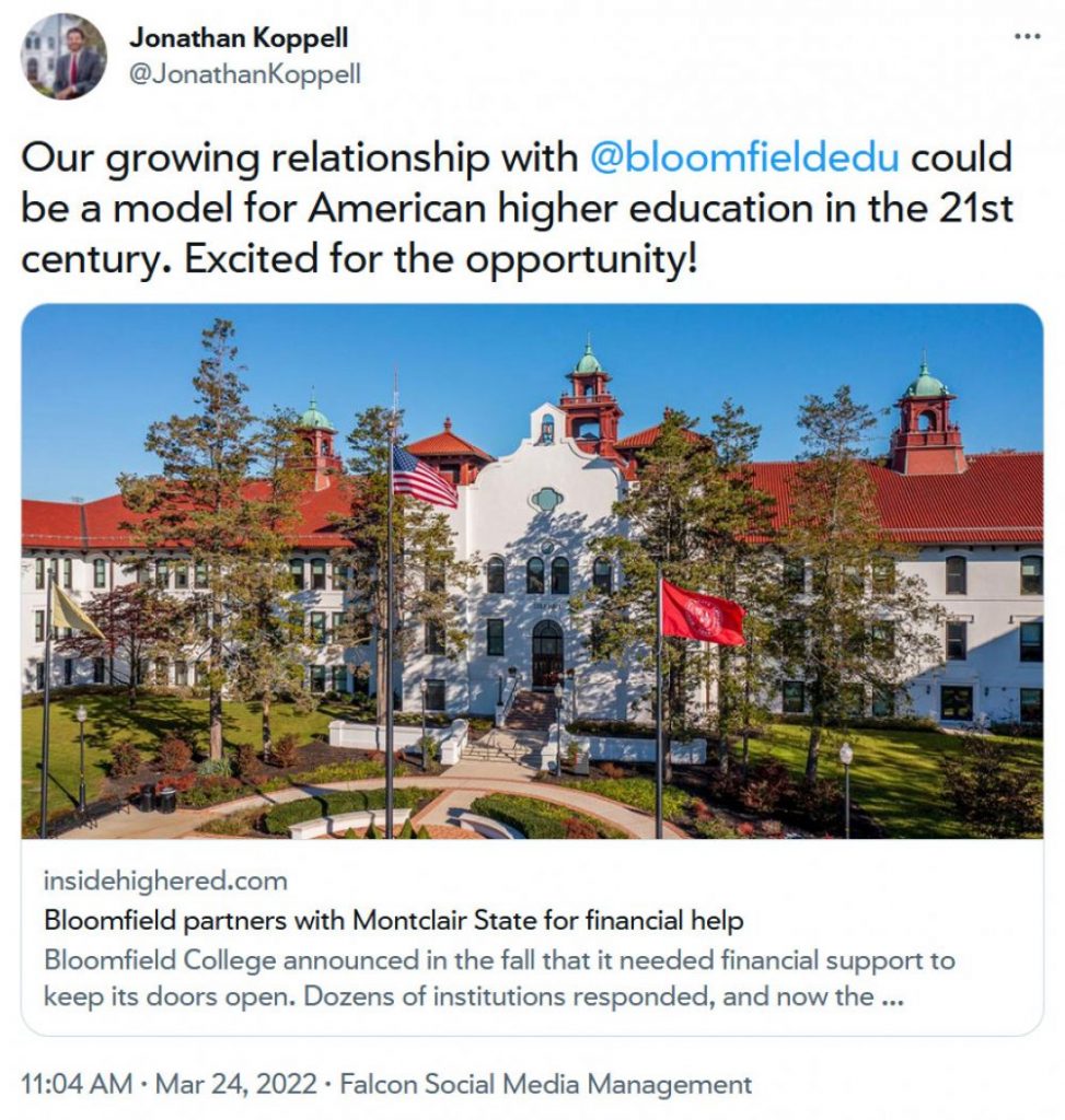 screenshot of President Koppell's tweet linking to article about Montclair's partnership with Bloomfield College