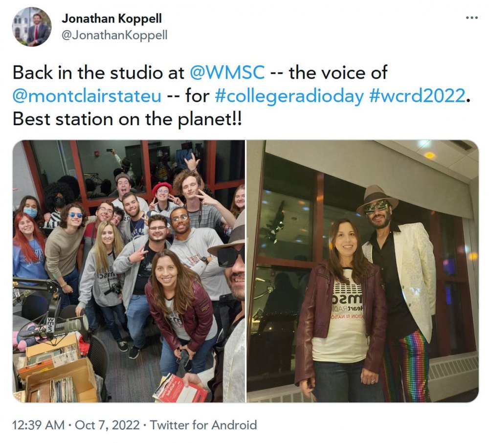 @JonathanKoppell: Back in the studio at @WMSC -- the voice of @montclairstateu -- for #collegeradioday #wcrd2022. Best station on the planet!!