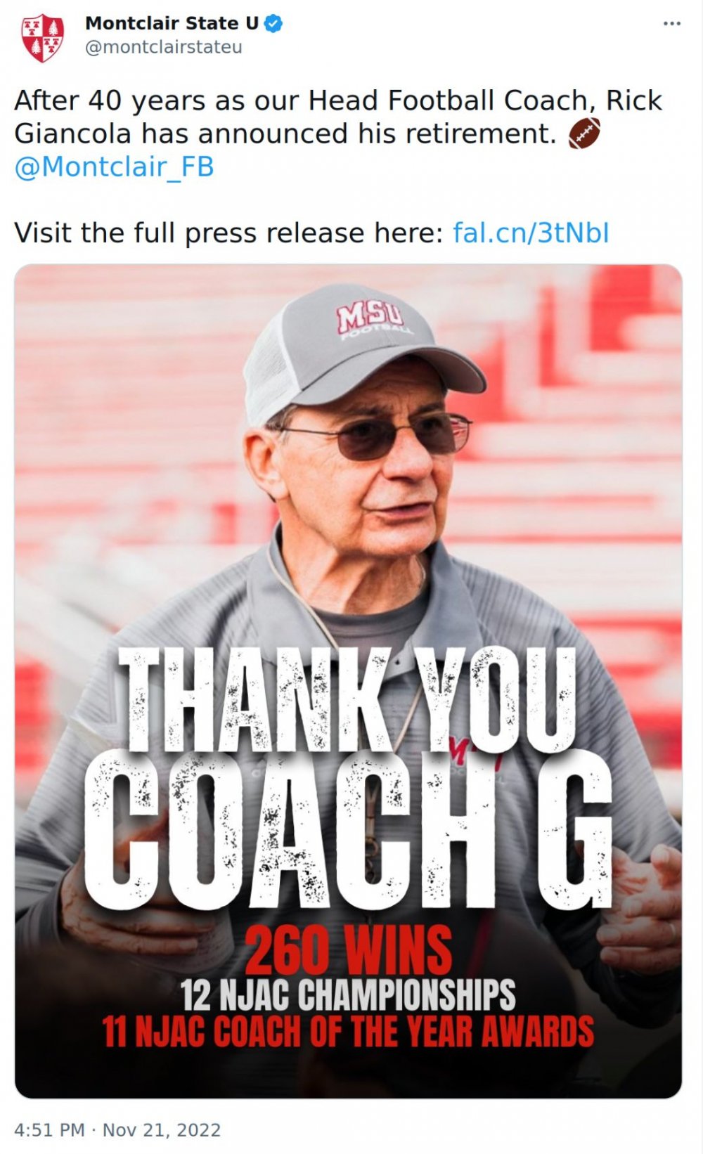 @montclairstateu: After 40 years as our Head Football Coach, Rick Giancola has announced his retirement.