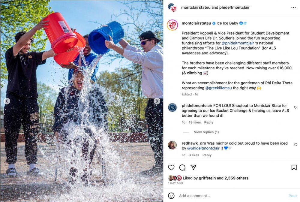 President Koppell & Vice President for Student Development and Campus Life Dr. Soufleris joined the fun, supporting fundraising efforts for @phideltmontclair ‘s national philanthropy “The Live Like Lou Foundation” (for ALS awareness and advocacy).