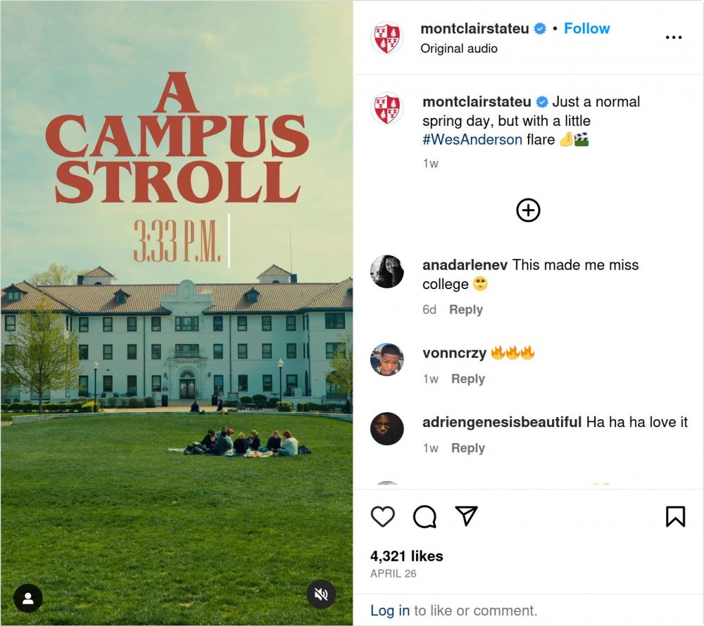 A screenshot of an Instagram post, captioned: @montclairstateu: Just a normal spring day, but with a little #WesAnderson flare