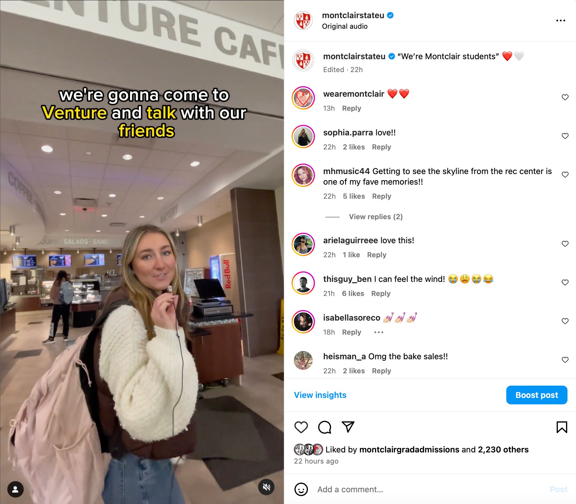 Screenshot of Instagram post We're Montclair Students